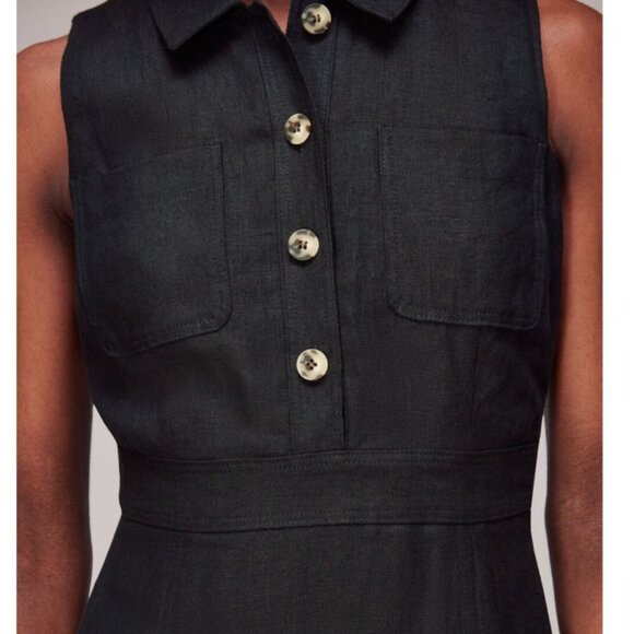 Whistles Dress Womens 14 Black Molly Linen Midi Sleeveless Collared Front Slits - Picture 4 of 13